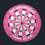 Cible De Fléchettes Nom de famille personnalisé Tableau noir rose<br><div class="desc">Personnalisez ce tableau rose et noir avec votre nom de famille et salle de jeux ou date établie,  etc. Conçu pour vous par Blackberry Boulevard.</div>