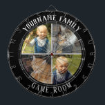 Cible De Fléchettes Nom de famille Quatre salles de jeux photo<br><div class="desc">arrière - plan coloré avec nom personnalisé et quatre options photo au centre du tableau. Autres couleurs disponibles dans la boutique.</div>