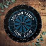 Cible De Fléchettes Nom de famille Salle de jeu Bleu<br><div class="desc">Arrière - plan coloré avec nom personnalisé et salle de jeu au centre du plateau. Autres couleurs disponibles dans la boutique.</div>