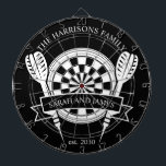 Cible De Fléchettes Nom personnalisé de famille noir et blanc Mariage<br><div class="desc">Célébrez votre journée spéciale avec la Cible de flechettes de Mariage de nom personnalisé de famille noir et blanc. Doté d'un design monochrome intemporel, ce tableau de bord peut être personnalisé avec le nom de famille du couple, en faisant un gardien unique ou un cadeau mariage ludique. Parfait pour ajouter...</div>