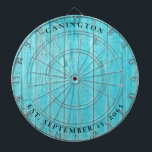 Cible De Fléchettes Nom personnalisé et date Mariage Turquoise<br><div class="desc">Turquoise Wood slats Nom de famille Mariage Date Dartboard.</div>