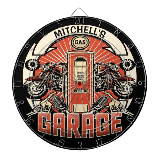 Cible De Fléchettes Nom personnalisé Garage moto moto pompe à gaz rétr (Devant)