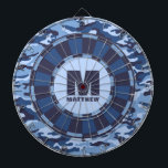 Cible De Fléchettes Nom personnalisé Tableau noir Camo<br><div class="desc">Personnalisez ce tableau de bord de camouflage bleu avec votre nom et votre initiale. Un grand cadeau pour un garçon ado. Conçu pour vous par Blackberry Boulevard.</div>