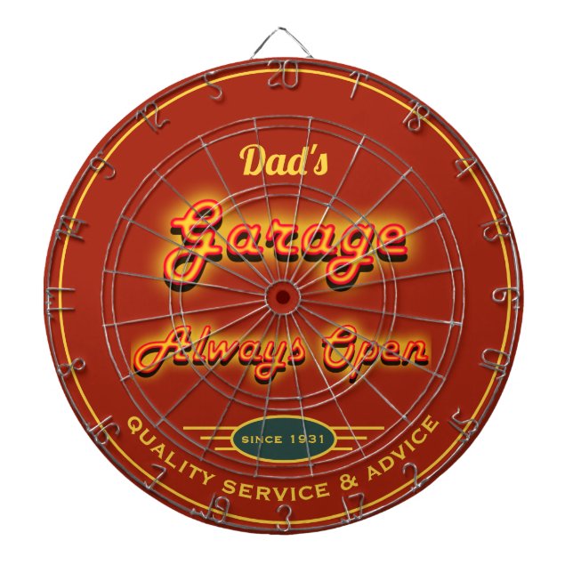Cible De Fléchettes Papa's Garage Faux Neon Look Name Dark Orange Red  (Devant)