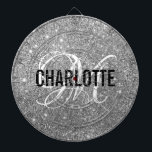Cible De Fléchettes Parties scintillant argent moderne monogramme nom<br><div class="desc">Panneau de fléchettes en parties scintillant argent moderne avec un nom de typographie blanc et monogramme noir. Personnalisez avec le nom et l'initiale.</div>