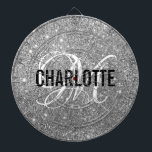 Cible De Fléchettes Parties scintillant argent moderne monogramme nom<br><div class="desc">Panneau de fléchettes en parties scintillant argent moderne avec un nom de typographie blanc et monogramme noir. Personnalisez avec le nom et l'initiale.</div>