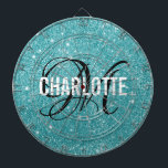Cible De Fléchettes Parties scintillant moderne turquoise monogramme n<br><div class="desc">Tableau de parties scintillant moderne turquoise avec un nom de typographie blanche et monogramme noir. Personnalisez avec le nom et l'initiale.</div>