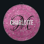 Cible De Fléchettes Parties scintillant rose moderne monogramme nom ca<br><div class="desc">Tableau de fléchettes de parties scintillant rose moderne avec un nom de typographie blanc et monogramme noir. Personnalisez avec le nom et l'initiale.</div>
