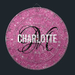 Cible De Fléchettes Parties scintillant rose moderne monogramme nom ca<br><div class="desc">Tableau de fléchettes de parties scintillant rose moderne avec un nom de typographie blanc et monogramme noir. Personnalisez avec le nom et l'initiale.</div>
