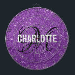 Cible De Fléchettes Parties scintillant violet moderne monogramme nom<br><div class="desc">Panneau de fléchettes en parties scintillant violet moderne avec un nom de typographie blanc et monogramme noir. Personnalisez avec le nom et l'initiale.</div>