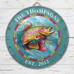 Cible De Fléchettes Pêcheur à la mouche Monogram Trout<br><div class="desc">Personnalisez ce tableau de bord de pêcheur de truite avec votre nom de famille et date établie. Conçu pour vous par Blackberry Boulevard.</div>