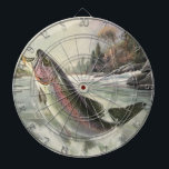 Cible De Fléchettes Pêcheur vintage de truite arc-en-ciel Pêche du poi<br><div class="desc">Illustration vintage design sportif mettant en vedette un pêcheur pêchant dans une rivière. Une truite arc-en-ciel éclate et saute hors de l'eau.</div>