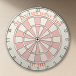 Cible De Fléchettes Personalized Family Name Custom Pink Game Room<br><div class="desc">Add a pop of personality to your game room with this personalized pink coral dartboard, customized with your family name and established year. The warm coral-pink palette brings a playful, modern twist to a classic dartboard design—perfect for lake houses, beach homes, Palm Springs–inspired spaces, and stylish game rooms. Both functional...</div>