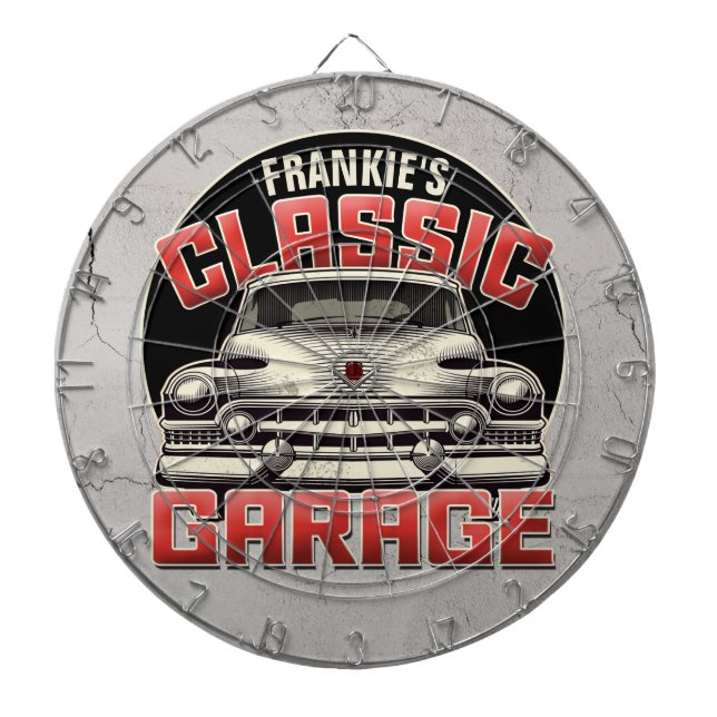 Cible De Fléchettes PERSONALIZED NAME Classic Car Garage Custom Shop (Devant)