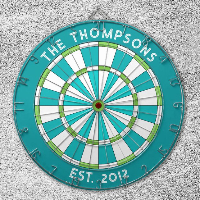 Cible De Fléchettes Personnalisé Nom de famille Turquoise Bleu Bleu Bl (a modern teal and white dart board. Great for a game room! personalize it with your name.)