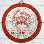 Cible De Fléchettes Plage de crabe côtier Maison de bois rustique Nom<br><div class="desc">Ce tableau de bord présente un crabe rouge vintage avec votre nom de famille sur un arrière - plan en bois blanchi à la fausse peau. Customisez avec votre nom de famille et date établie pour en faire votre propre maison de plage de ping pong paddles. Il y a également...</div>