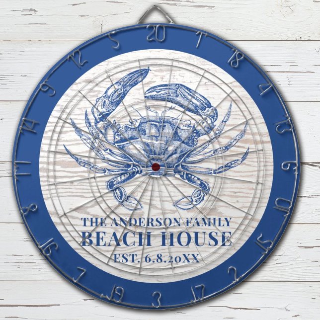 Cible De Fléchettes Plage de crabe côtier Maison de bois rustique Nom  (A rustic beach house dart board decorated with a blue crab, and your name and established date)
