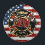 Cible De Fléchettes Pompier Secourt incendie Département USA Drapeau p<br><div class="desc">Pompier NOM Pompier Pompier Département USA Drapeau design - Emblème avec Casque Rouge et Ax. Customisez avec votre nom,  votre numéro de station/de bureau et votre emplacement.</div>