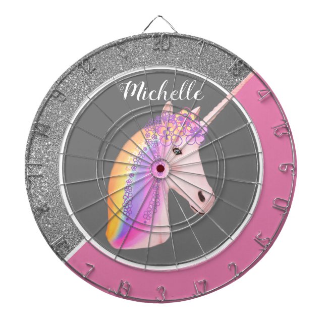 Cible De Fléchettes Rainbow Unicorn rose Parties scintillant en argent (Devant)