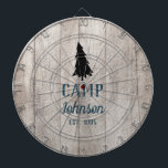 Cible De Fléchettes Rustic Wood Family Camp<br><div class="desc">Dart board du camp familial en bois gris amusant pour votre soirée rustique à la maison. Ce design de bois imitation patiné amusant comprend un grand pin. Il ya des mots personnalisés à personnaliser comme, camp, un nom de famille et la date établie aussi. Le texte est bleu plat et...</div>