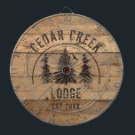 Cible De Fléchettes Rustic Wood Forest Trees Nom de la propriété<br><div class="desc">Tableau de bord à thème rustique personnalisé avec votre nom de propriété cabine, lakehouse, lodge ou location et date établie. Le design présente une image pittoresque de pins forestiers sauvages contre un arrière - plan de planches de bois de campagne. ASSISTANCE : Pour obtenir de l'aide sur la modification ou...</div>