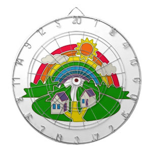 Cible De Fléchettes Scène rurale de dessin animé avec arc-en-ciel et m