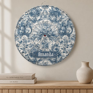 Cible De Fléchettes Toile de jouy florale vintage bleue monogramme