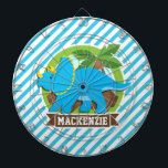 Cible De Fléchettes Tricératops Dinosaur ; Grandes Bleues Et Blances C<br><div class="desc">Cool, coloré enfant's bleu et jaune Triceratops Dinosaur, palmier vert, design volcan brun sur Sky Blue & White Stripes motif. Un cadeau parfait pour bébé, tout-petits, enfants, enfants, ados ou adultes ! Personnalisez la conception en ajoutant le nom d'un enfant ou le texte personnalisé. Visitez notre magasin, Birthday Party House,...</div>