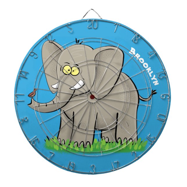 Cible De Fléchettes Un joli éléphant drôle avec un oiseau sur le tronc (Devant)
