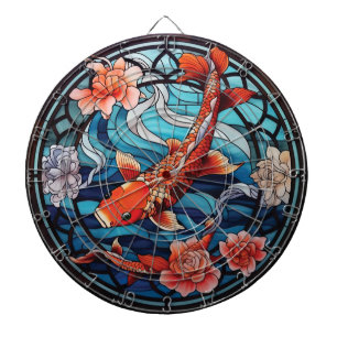 Cible De Fléchettes Vitrail asiatique style Koi Poisson et Camellias