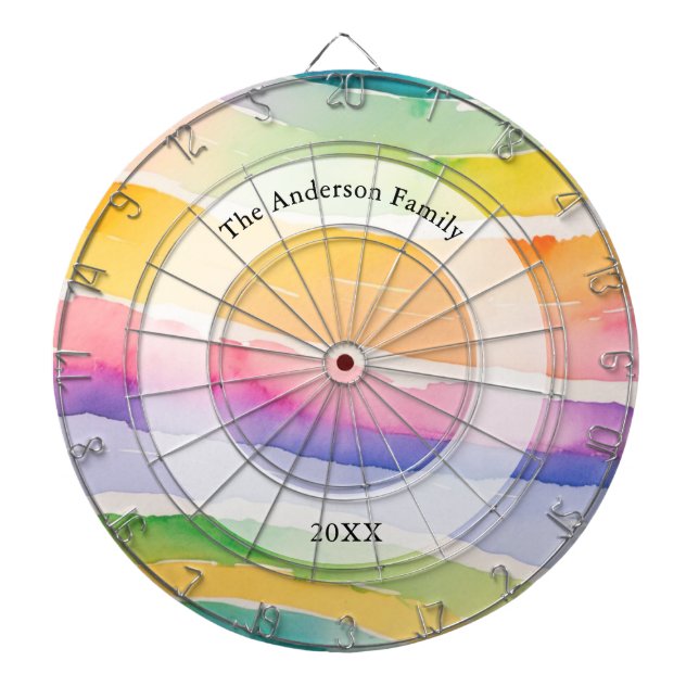 Cible De Fléchettes Watercolor Rainbow Stripe Custom Family Name (Devant)