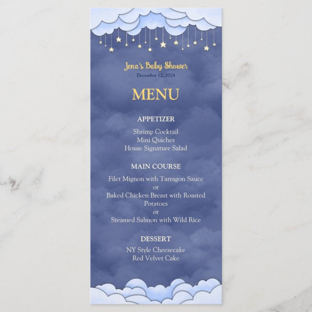 Ciel bleu avec étoiles pendantes Menu plat Baby sh (Devant)