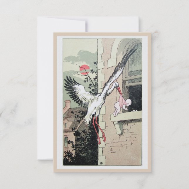 cigogne Art Nouveau livrant bébé faire-part (Devant)