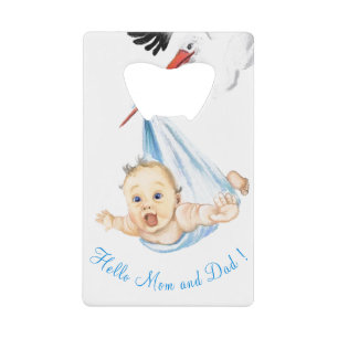Cigogne portant bébé ouvre-bouteille de carte de c