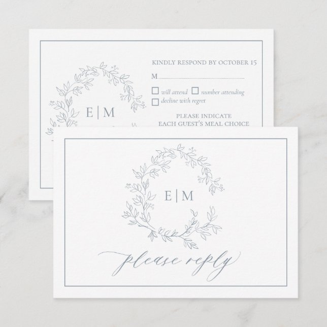 Cimetière bleu Dusty Monogramme Mariage Carte RSVP (Devant / Derrière)