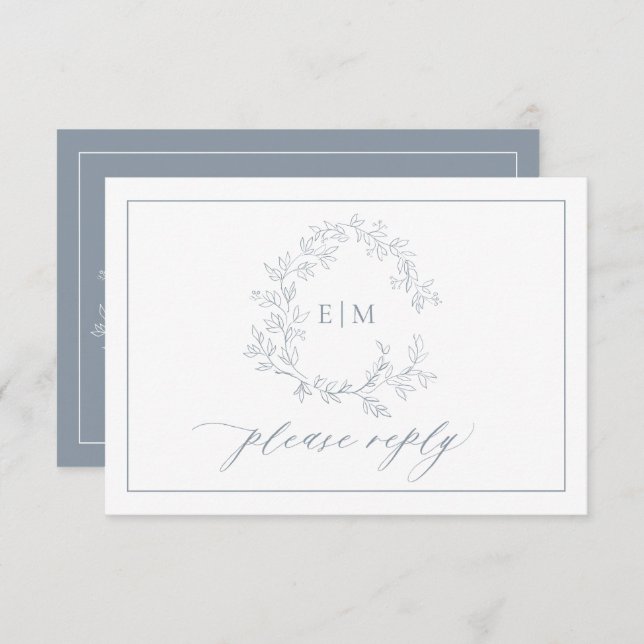 Cimetière bleu Dusty Monogramme Mariage Carte RSVP (Devant / Derrière)