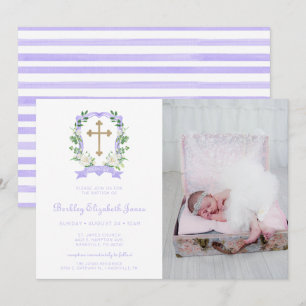 Cimier Floral Violet Photo Baptême Invitation