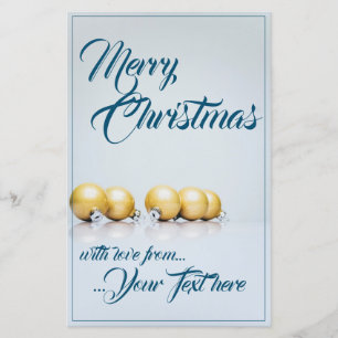 Cinq boules de Noël dorées - écriture bleue