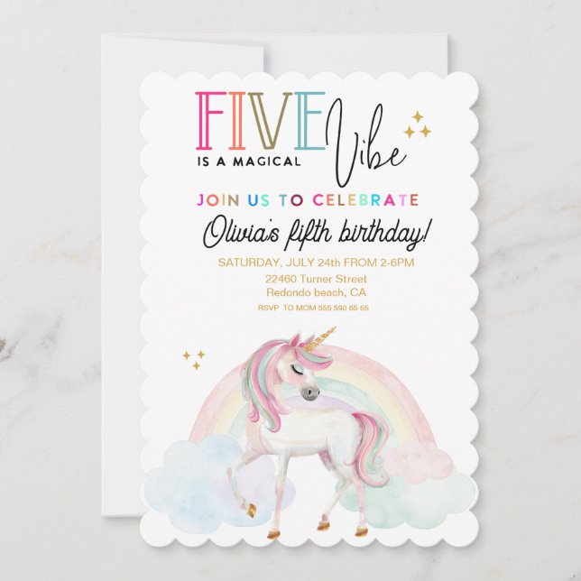 Cinq est une invitation d'anniversaire Licorne Arc (Devant)