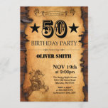 cinquantième Invitation occidentale d'anniversaire<br><div class="desc">cinquantième Invitation occidentale d'anniversaire. Fête d'anniversaire occidentale sauvage de thème de cheval de cowboy. Arrière - plan en bois rustique de pays. Pour davantage de personnalisation,  cliquez sur svp la "personnaliser il" bouton et utilisez notre outil de conception pour modifier ce modèle.</div>