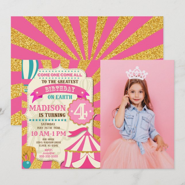 Circus Birthday Invitation Carnival Pink Gold  (Devant / Derrière)