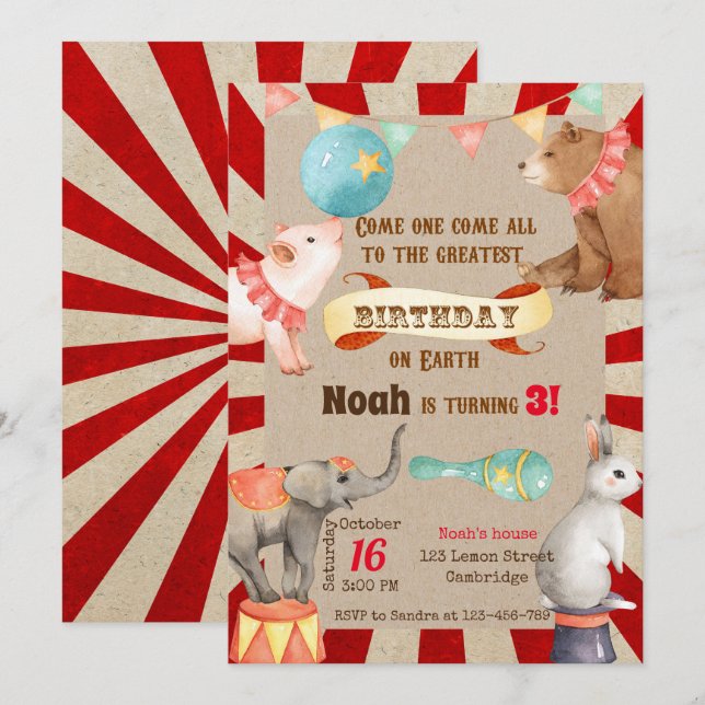 Circus Birthday Invitation, Circus Invitation (Devant / Derrière)