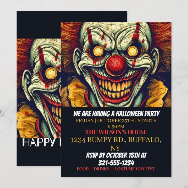 Circus Clown Happy Halloween Invitations (Devant / Derrière)
