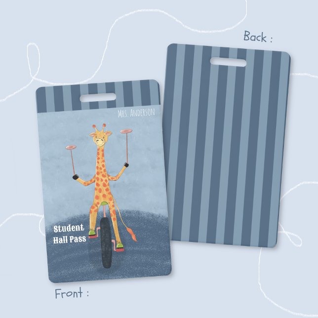 Circus Giraffe Blue Student Hall Pass Badge (Circus giraffe elementary school blue hall pass badge .)