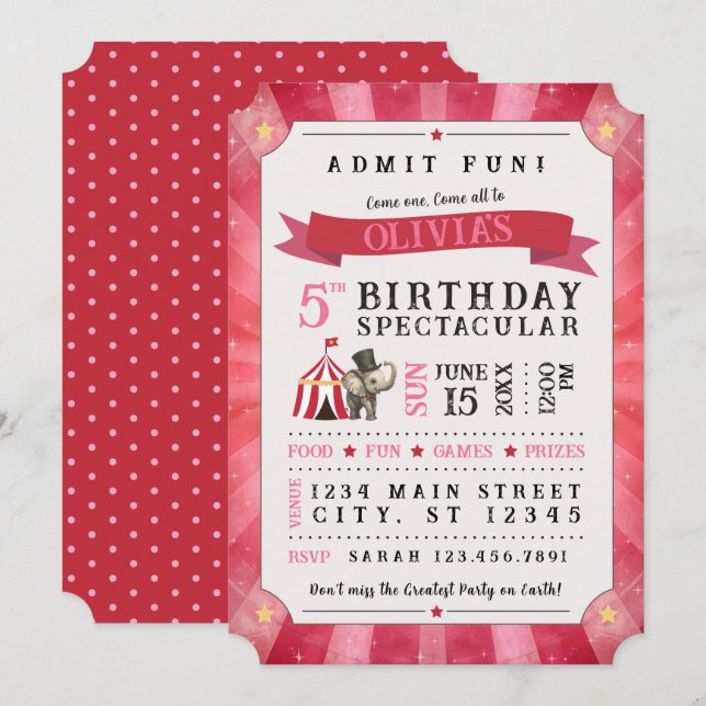 Circus Spectacular Birthday Invitation (Pink/Red) (Devant / Derrière)