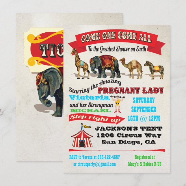 Cirque vintage Animaux Bébé Douche Invitations (Devant / Derrière)