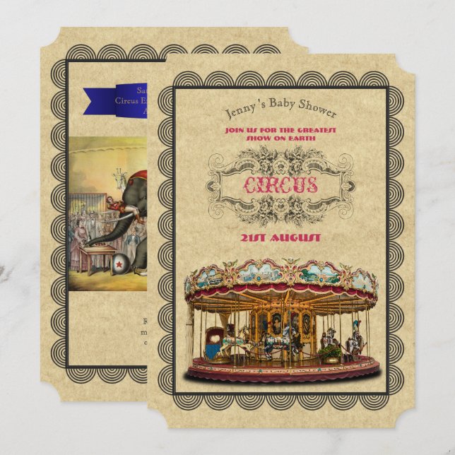 Cirque vintage Baby Shower Invitations Carnaval (Devant / Derrière)