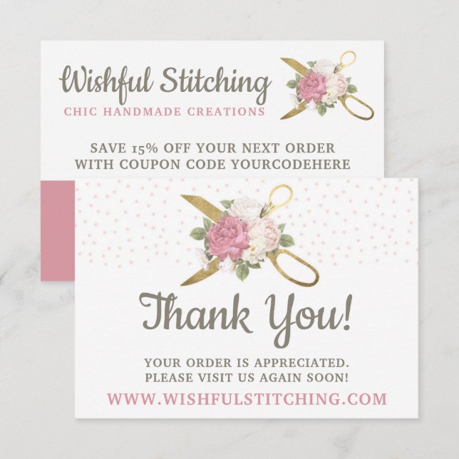 Ciseaux à coudre en or Merci Shabby carte florale (Devant / Derrière)
