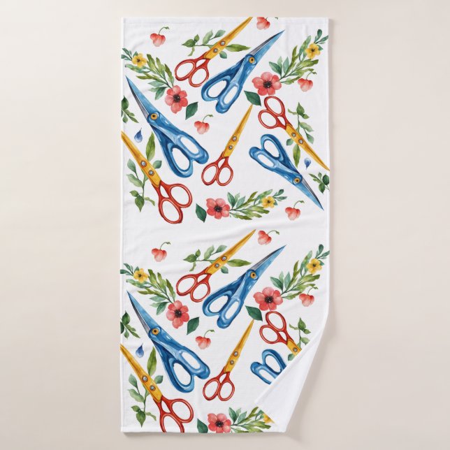 Ciseaux à l'aquarelle & motif sans fin de fleurs s (Serviette de bain)