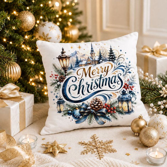 Citation de nom de Noël Oreiller décoratif bleu or (Christmas Name Quote Blue Gold Throw Pillow Art)